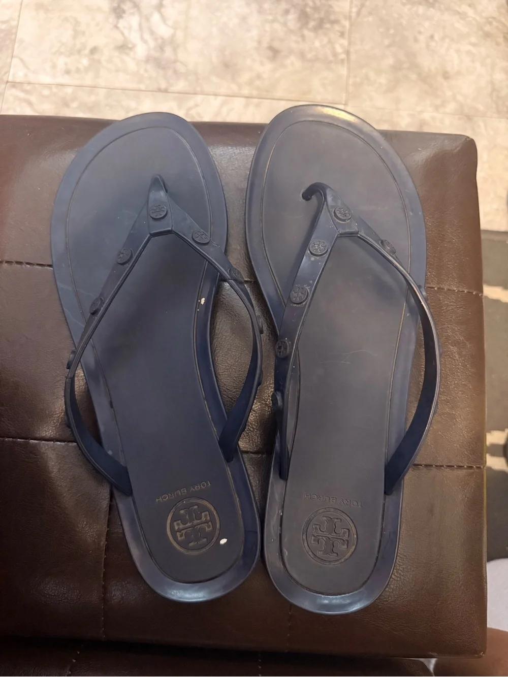 Tory Burch Navy Logo Jelly Thong Sandals - Women's